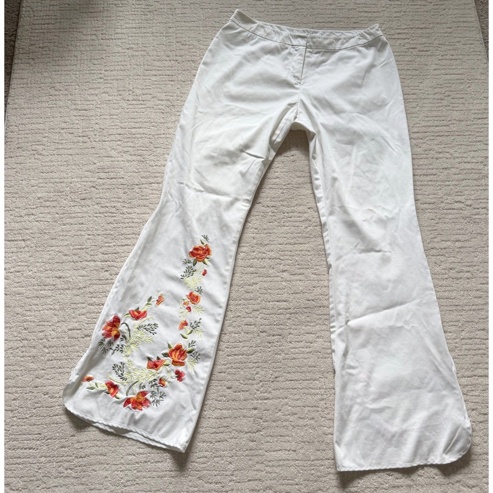 Cache White Floral Embroidered Flare Leg Pants 8 Boho Wide Leg Slit Zip Hem READ